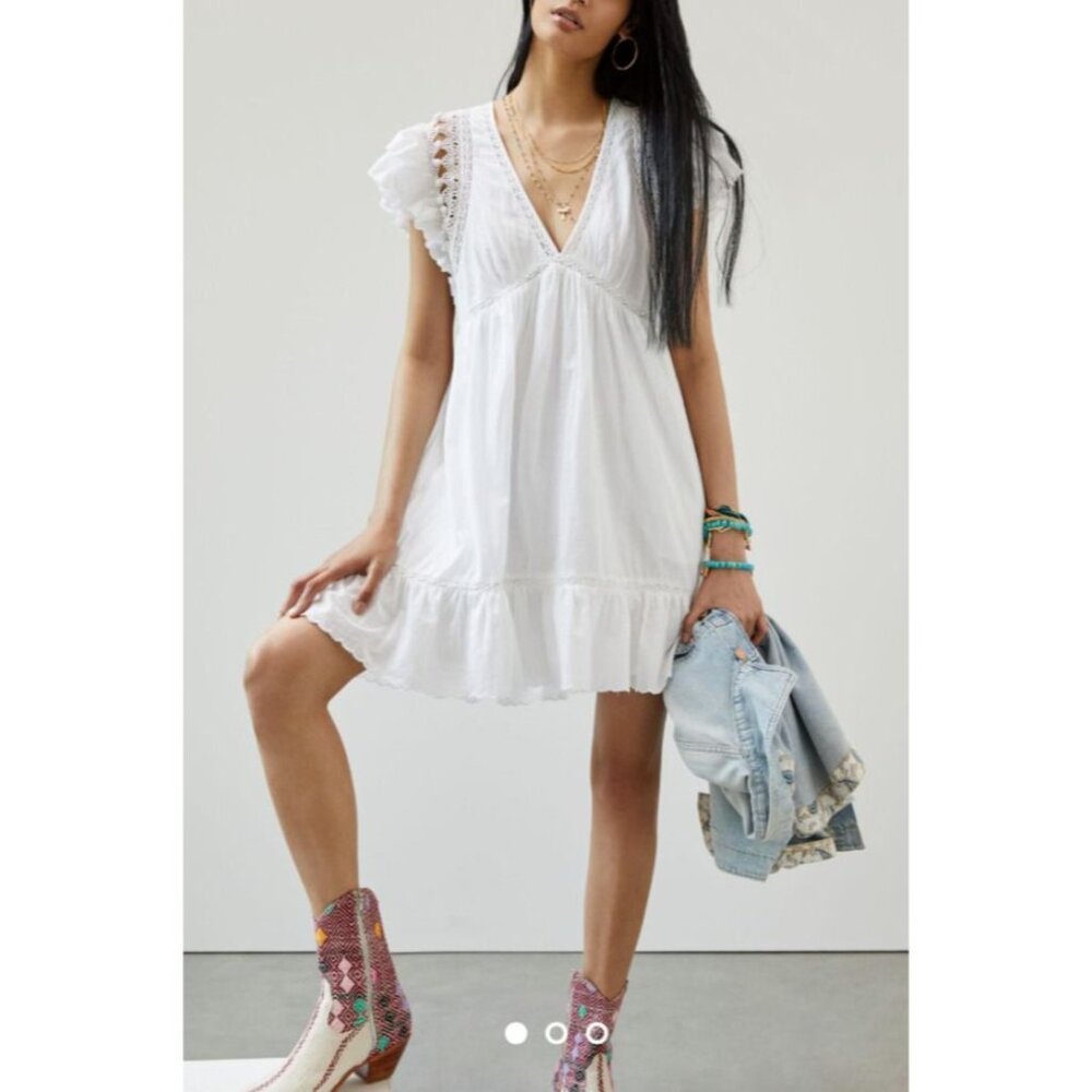 By Anthropologie Dress XL White Cotton Lace Flutter Sleeve Pockets Washable $495
